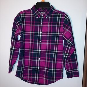 GIRL'S GYMBOREE PLAID SHIRT SIZE M 7/8 COLOR PURPLE, NAVY AND PINK